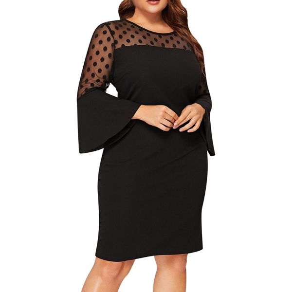 

casual dresses #50 fashion women plus size o-neck flare sleeve polka dot mesh patchwork midi dress summer women's clothing vestido, Black;gray