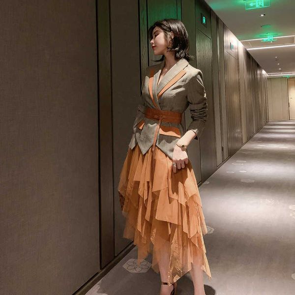 

women blazer skirt set two piece s plaid with mesh irregular suit uniform office lady business work wear 210608, White