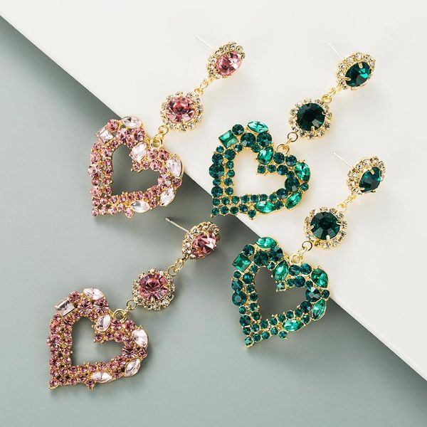 

fashion women heart earrings s925 silver pin studs green pink bling rhinestone pendant drop jewelry gifts glass drill lady girls street part