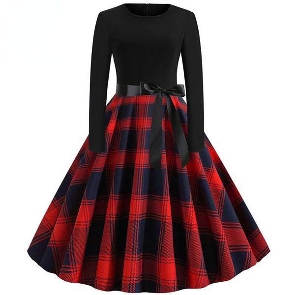 

casual dresses autumn winter women plaid print dress elegant vintgae robe femme black patchwork a-line party vestidos, Black;gray