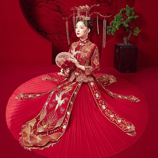 

plus size 4xl style add rhinestone embroidery ancient bride wedding dress retro chinese cheongsam long section ethnic clothing, Red