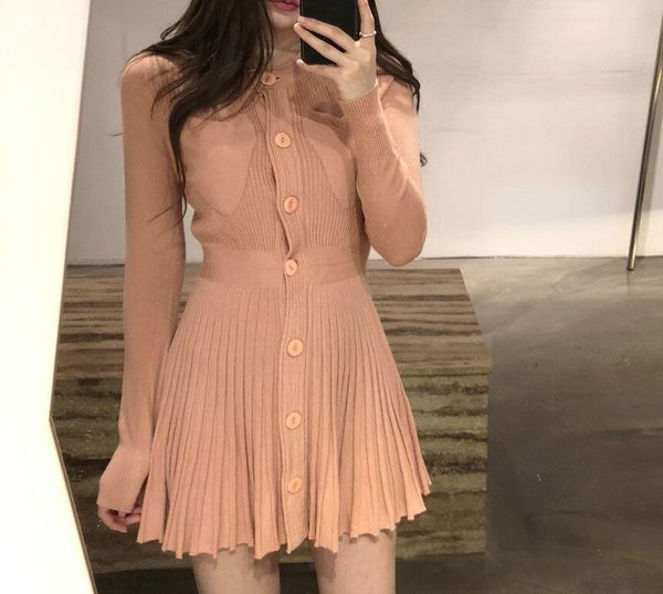 

casual dresses korean autumn all-match pleated knitted bottoming dress, Black;gray