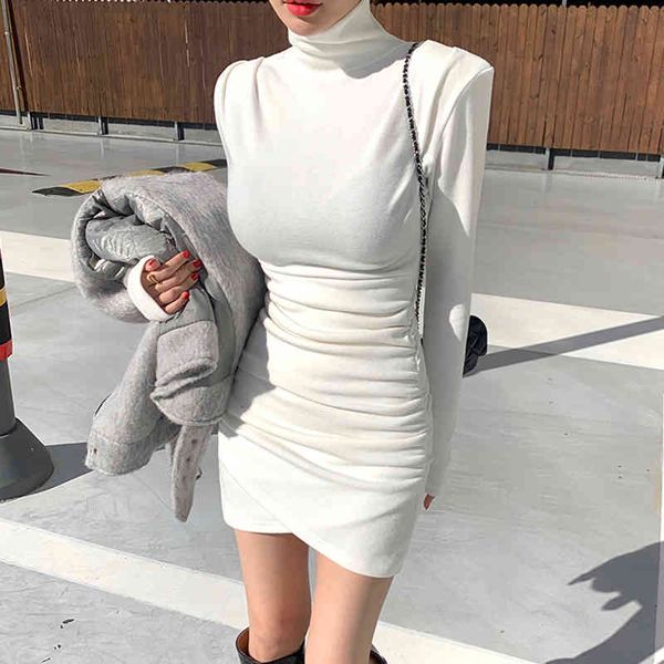 

casual dresses turtleneck long sleeve party womens draped solid color slim elastic bodycon spring fashion mini dress eh26, Black;gray