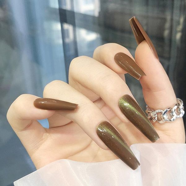 

false nails gourd coffee golden cat's eye wear nail stickers finished 24 with glue, Red;gold
