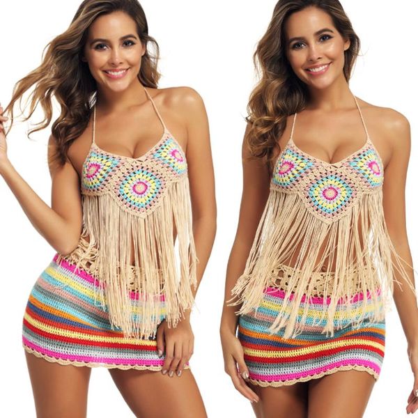 

women's swimwear european and american style color crochet beach fringed bikini split prismatic swimsuit suit, White;black