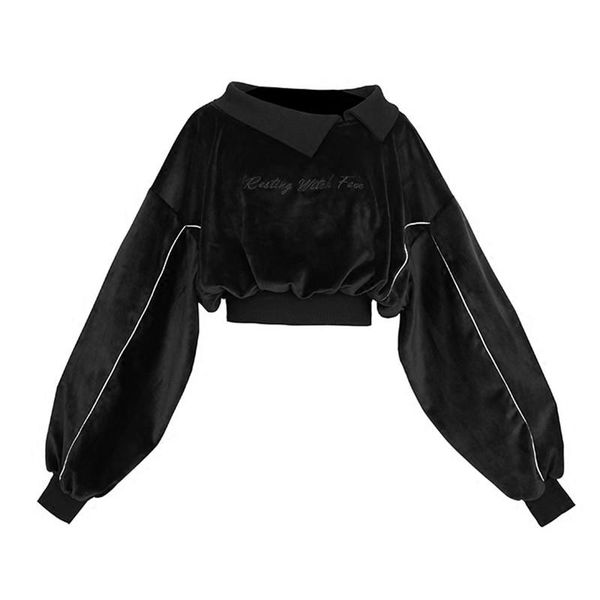 

women's hoodies & sweatshirts black velvet women 2021 autumn winter female short style embroidery letter high waist loose