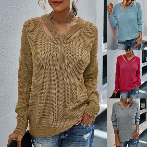 

women solid color v-neck hollow long-sleeved sweater pullover knitted sweatshirt women's sweaters, White;black