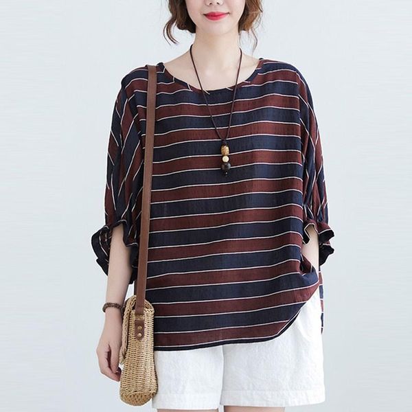 

women's t-shirt oversized women cotton casual t-shirts 2021 summer simple style vintage striped loose female short sleeve tees s3727, White
