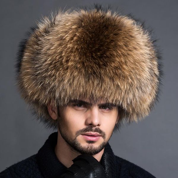 Berets Winter Men's Real Raccoon Fur Hate Chaple Bomber Кожаные уши теплые кепки