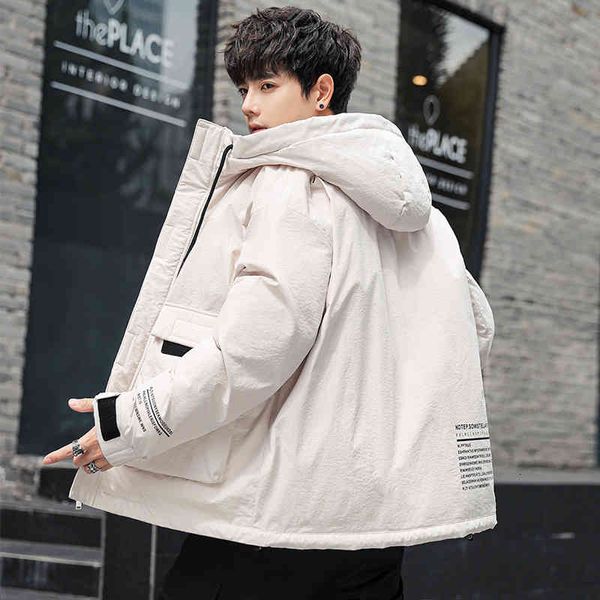 

men casual jacket winter down white duck hooded fashion youth cargo pocket parka male overcoat thermal outwear, Black