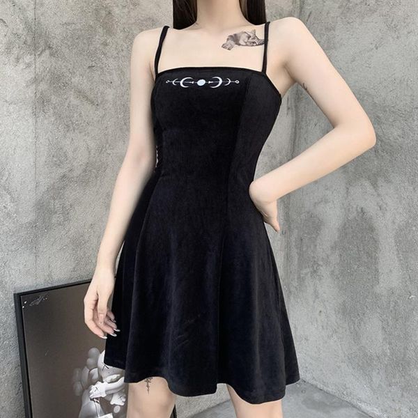 

rosetic gothic strap dress women goth fashion velvet vintage autumn winter moon embroidery short corduroy dresses a line casual, Black;gray