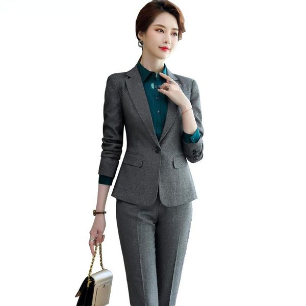 

women's two piece pants classic women solid formal pant suit work business wear pieces set ol black gray blazer with trousers for offic, White