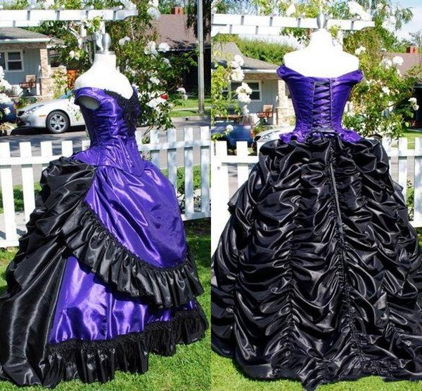 Abiti da sposa vittoriani realizzati su misura dalla spalla viola e nera principessa lace-up abiti da sposa da sposa plus sizee