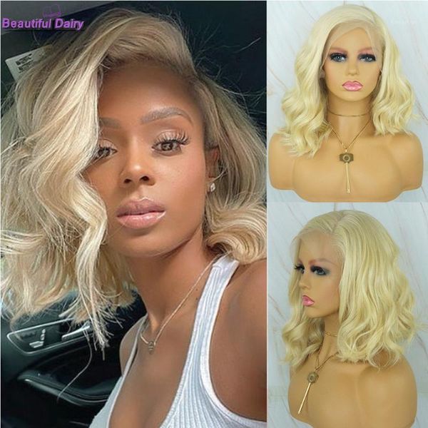 

beautiful diary blonde short bob wigs wavy 13x6 synthetic lace front cut futura hair gluesless wig1, Black