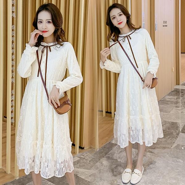 

maternity dresses 8007# clothes spring autumn long sleeve lace patchwork loose stylish dress for pregnant women mom, White