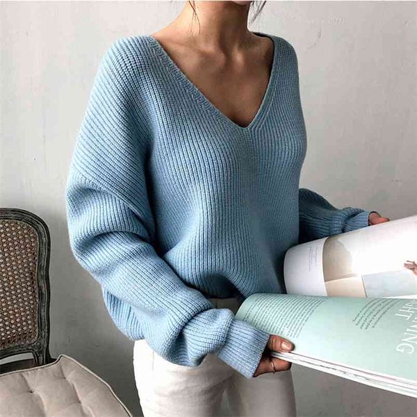 maglione lavorato a maglia con scollo a V pullover donna vintage basic casual da ufficio donna bianco streetwear coreano oversize 210427