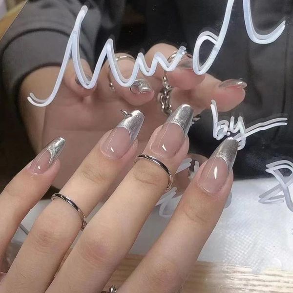 

false nails fake stickers long mirror silver wearable nail finished 24pcs with glue fa, Red;gold
