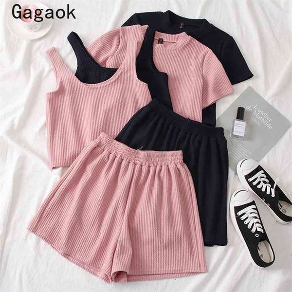 

women casual three-piece set spring autumn o-neck solid pullover + navel wild tanks fashion korean short 210531, White