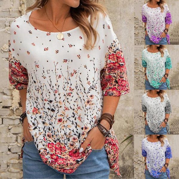

women's tanks & camis summer casual tee short sleeve women t-shirts flower print plus size pullover female round neck loose t-shirt, White