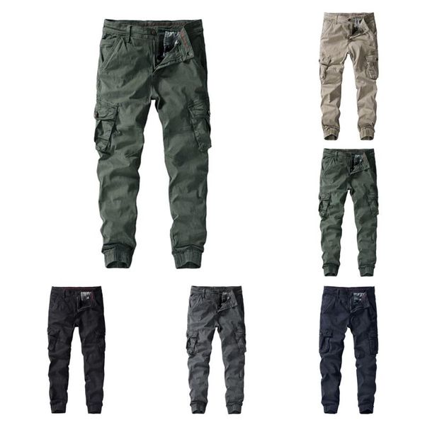 

men's pants casual pleated multi pockets mid waist solid loose long cargo, Black