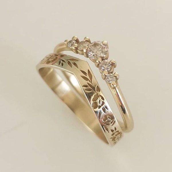 

wedding rings 2021 trendy vintage fashion temperament copper flower crown ring engagement zircon for women luxury jewelry whole sale, Slivery;golden