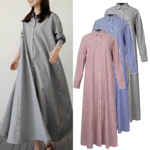 

casual dresses women's striped shirt dress 2022 maxi vestidos autumn long sleeve robe femme turn down collar sundress plus size, Black;gray