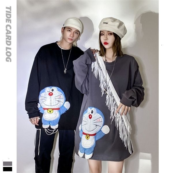 

2021 tech fleeceautumn and winter pasted cloth plush cartoon jingle cat sweater for men and women loose doraemon printed jacket for couples_, Black