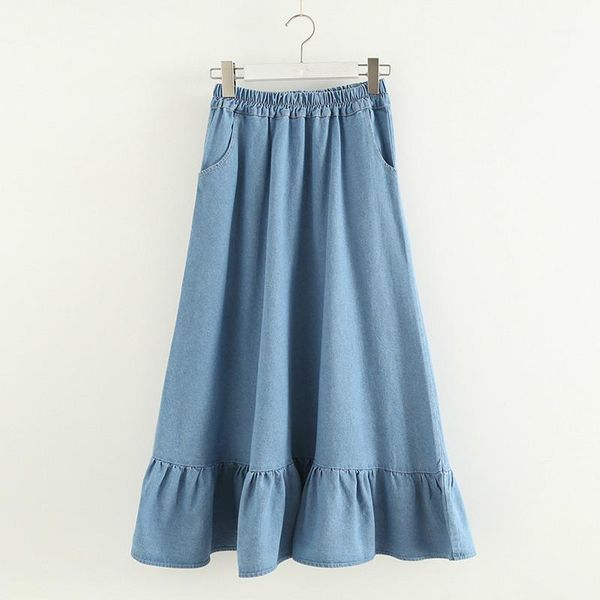 

skirts vintage women denim casual loose solid high elastic waist ruffles a-line female jupe mid calf lady bottoms, Black