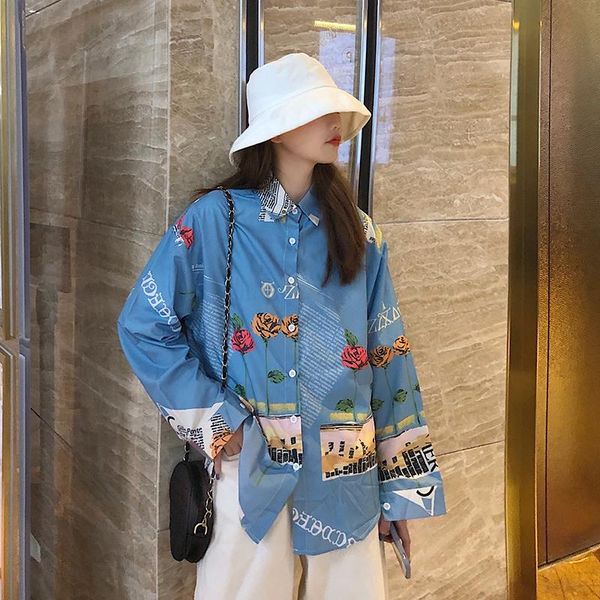 

women's blouses & shirts female korean harajuku letter flower print loose shirt ulzzang japanese kawaii ladies vintage clothes for wome, White