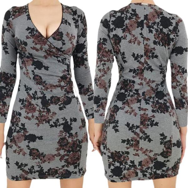 

casual dresses women's vintage 90s close-fitting dress ladies grey charcoal floral printed pattern plunging neckline long sleeve v-neck, Black;gray