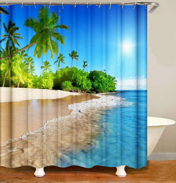 

ocean beach shower curtain blue sky sea tropical palm trees seaside landscape bath curtain waterproof fabric bathroom dÃ©cor