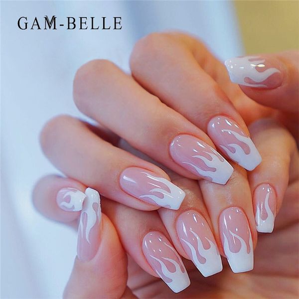 GAM-BELLE 24 Stück Französische Kunstnägel, glänzend, rosafarben, lang, Ballerina-Sarg, UV-Gel, Kleber, Schönheit, tragbare Nagelverlängerungs-Tipps, Werkzeuge