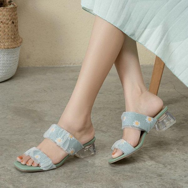 

sianie tianie double band strap mesh net flower design womens sandals open toe chunky glass clear heels mules slides size 33-45 slippers, Black