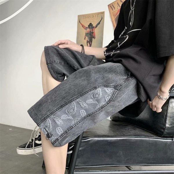 

men's jeans cashew flower stitched shorts 2021 the listing denim pants men hip hop streetwear famous factory genuine, Blue