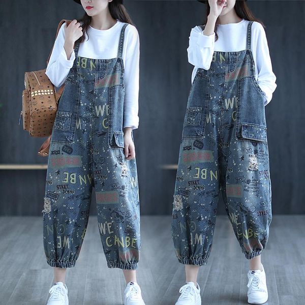 

women's jeans women casual sleeveless flower print denim bib pants long trousers, Blue