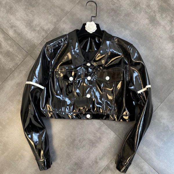 

women's leather & faux prepomp 2021 fall arrival long sleeve turbn down collar black shiny pu jacket women gc794