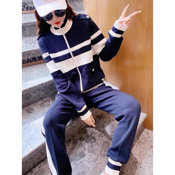 

women's two piece pants knitted sportswear two-piece set leisure fashion spring and autumn elastic waist + cardigan coat, White
