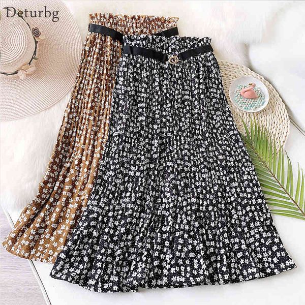 

casual dresses women's vintage ditsy florals print midi skirt korean female high waist tencel chiffon pleated belt skirts 2021 spr, Black;gray