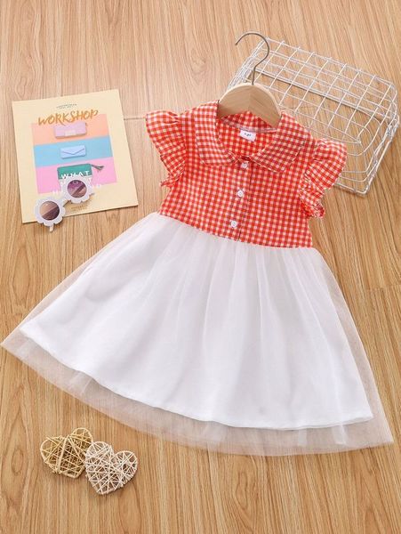 

toddler girls gingham flutter sleeve mesh hem dress she, Red;yellow