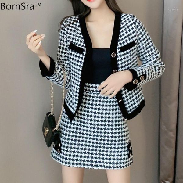 

women's tracksuits bornsra vintage houndstooth coat skirt 2 piece set women single breasted jacket outwear a-line suit tweed runway m01, Gray