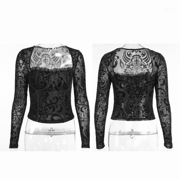 

vintage elegant black lace up gothic mesh see through long sleeve women hollow out basic women's t-shirt, White