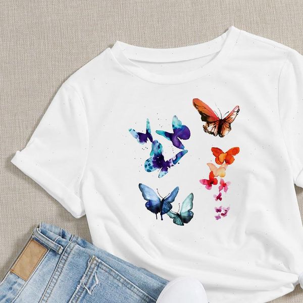 

fashion women t shirt butterfly short sleeve casual printing aesthetic lady white plus size clothing drop