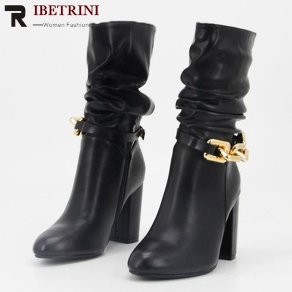 

boots ladies pointed toe anklel 2021 winter autumn women chunky heel metal design black mature style brand shoes woman