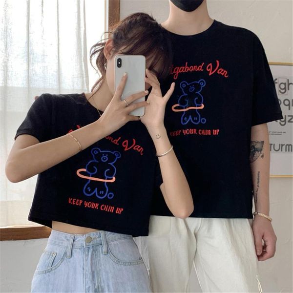 

summer bear print pink crop women korean vintage harajuku t shirt loose casual street wear clothes black brandy women's t-shirt, White