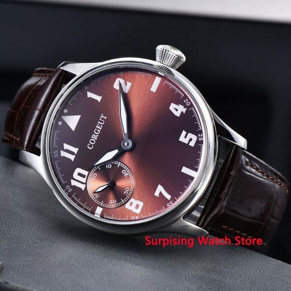 

wristwatches 44mm fashion watch men 17 jewels hand winding 6497 movement luminous waterproof mechanical wristwatch leather strap, Slivery;brown