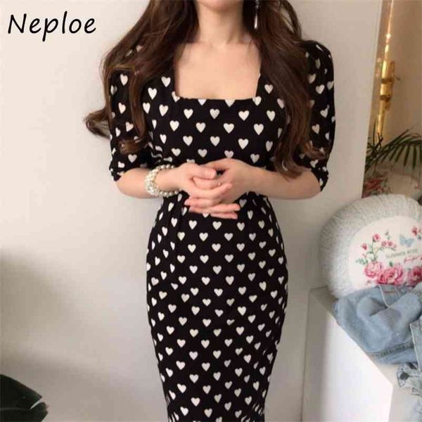 

square collar clavicle exposed dress women vintage dot pattern slim vestidos high waist hip skinny robe spring 210422, Black;gray