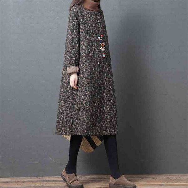 

johnature chinese style print floral women dresses warm vintage robes winter thick turtleneck long sleeve loose dresses 210521, Black;gray