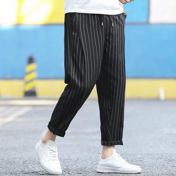 

fashion stripe plaid pants japanese retro casual men streetwear loose drawstring wild harem pant men's 2021 autumn male, Black