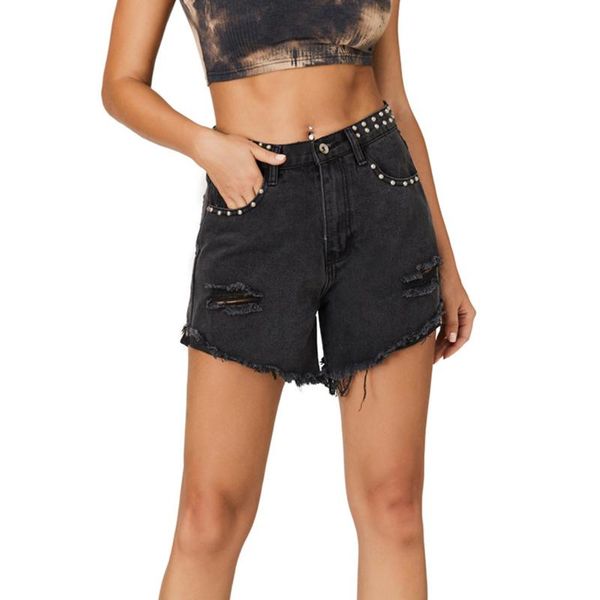 

women's shorts ladies ripped denim summer fashion high waist rivet beaded loose jeans female casual short trousers women 2021, White;black