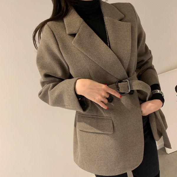 

two piece dress zawfl loose wool jacket, women's belt, vintage long sleeve coat, side pocket, 2021 elegant coat, White